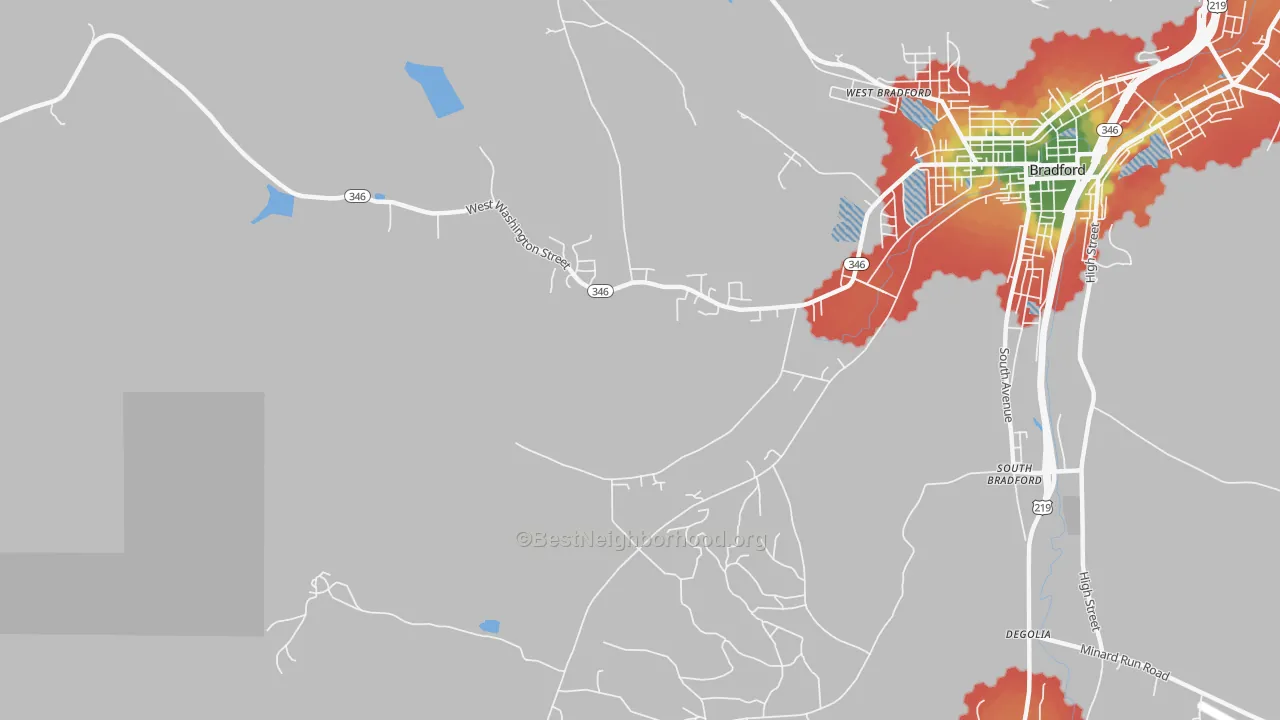 Walk Grade map of South Bradford, PA, walkable areas in green and car-dependent areas in red