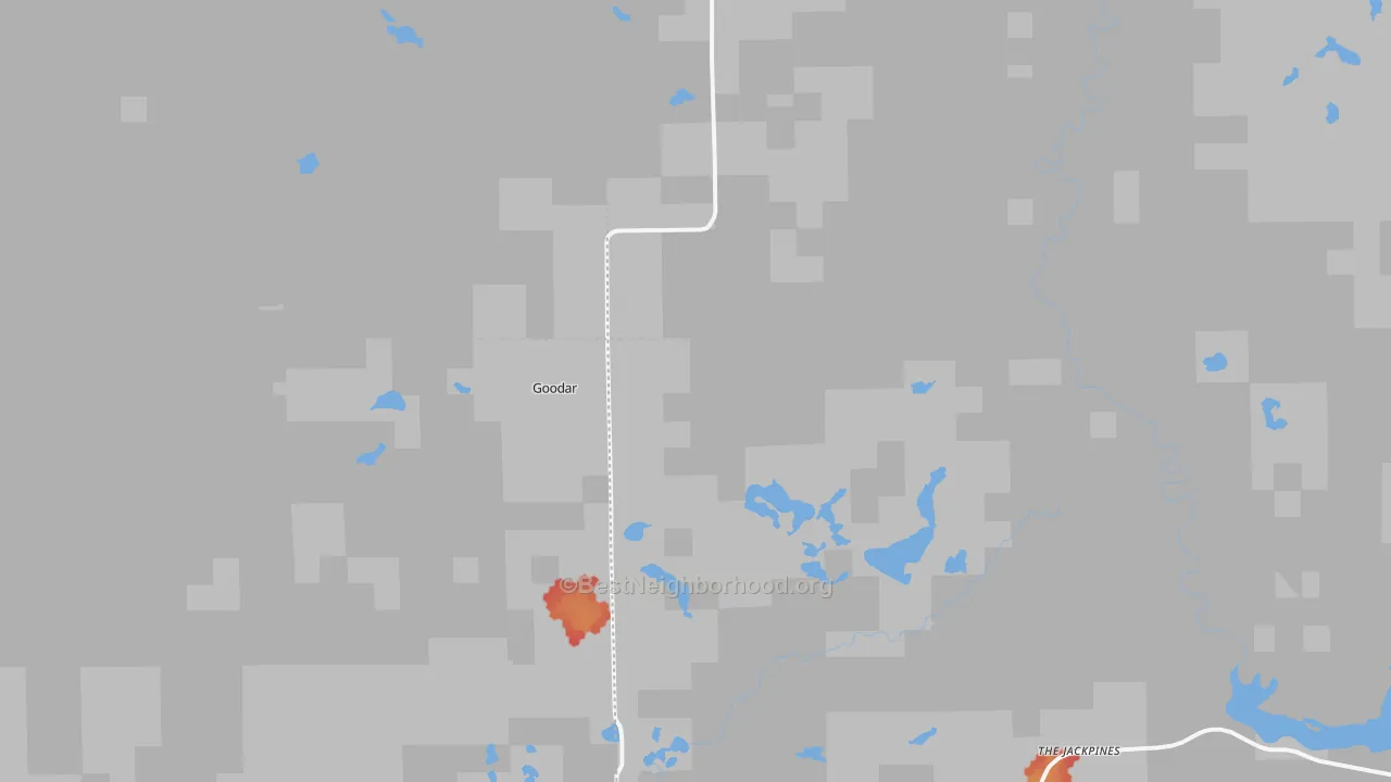 Walk Grade map of South Branch, MI, walkable areas in green and car-dependent areas in red