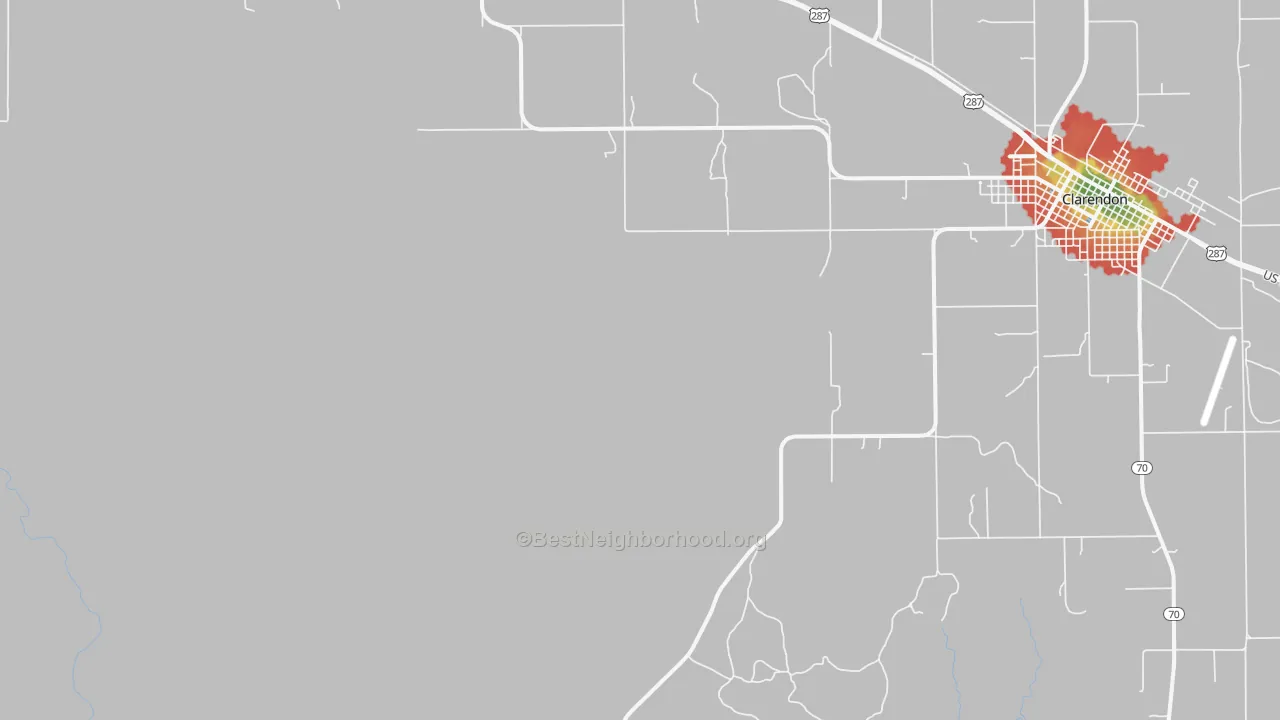 Walk Grade map of South Brice, TX, walkable areas in green and car-dependent areas in red