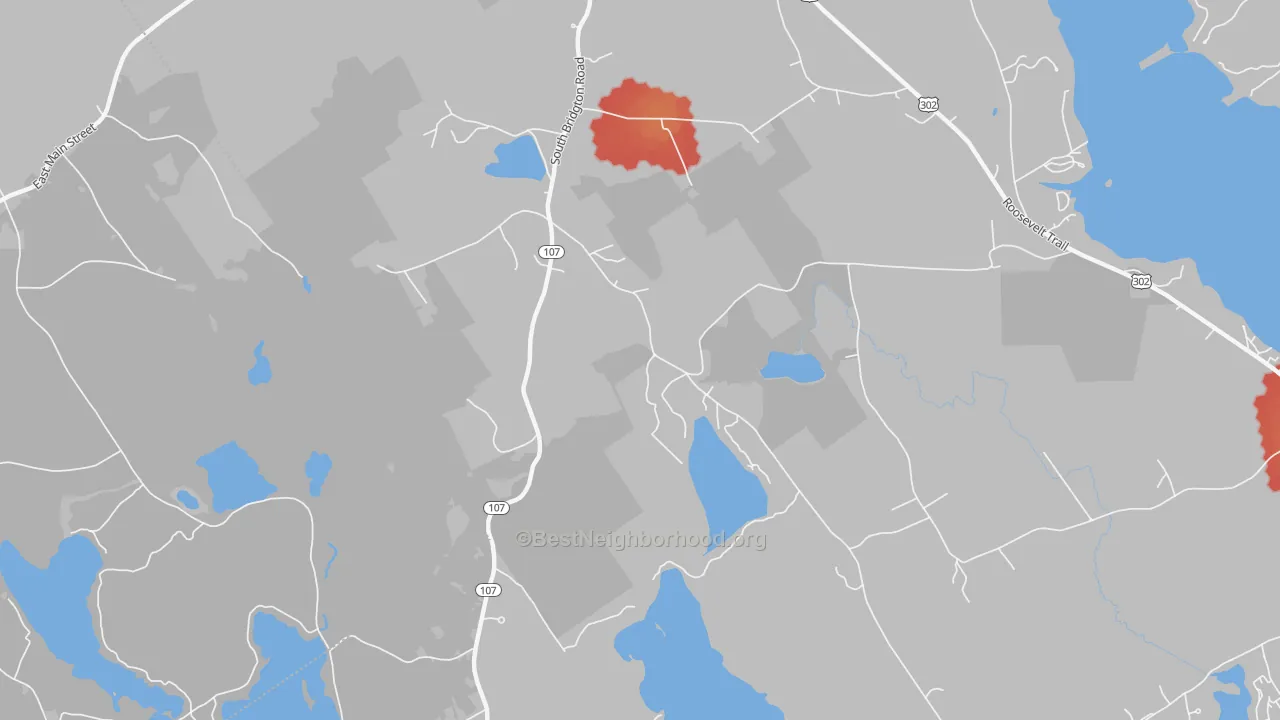 Walk Grade map of South Bridgton, ME, walkable areas in green and car-dependent areas in red