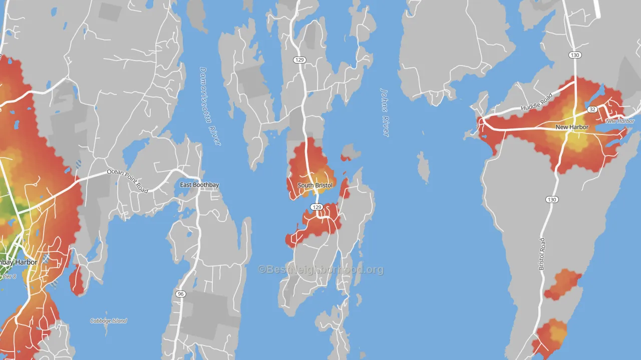 Walk Grade map of South Bristol, ME, walkable areas in green and car-dependent areas in red