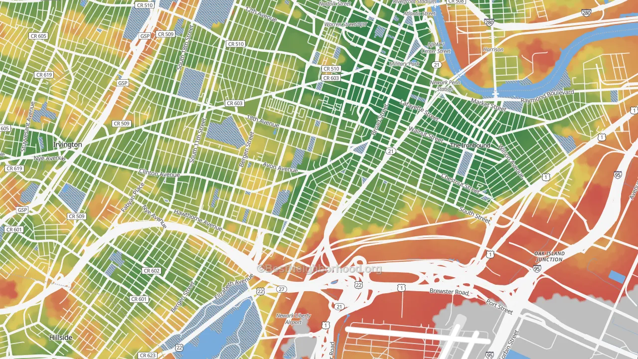 Walk Grade map of South Broad Street, Newark, NJ, walkable areas in green and car-dependent areas in red