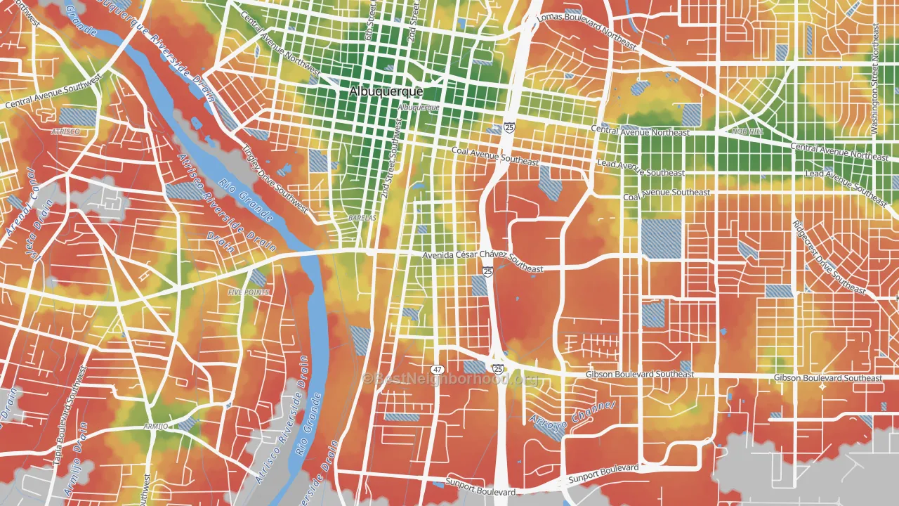 Walk Grade map of South Broadway, Albuquerque, NM, walkable areas in green and car-dependent areas in red