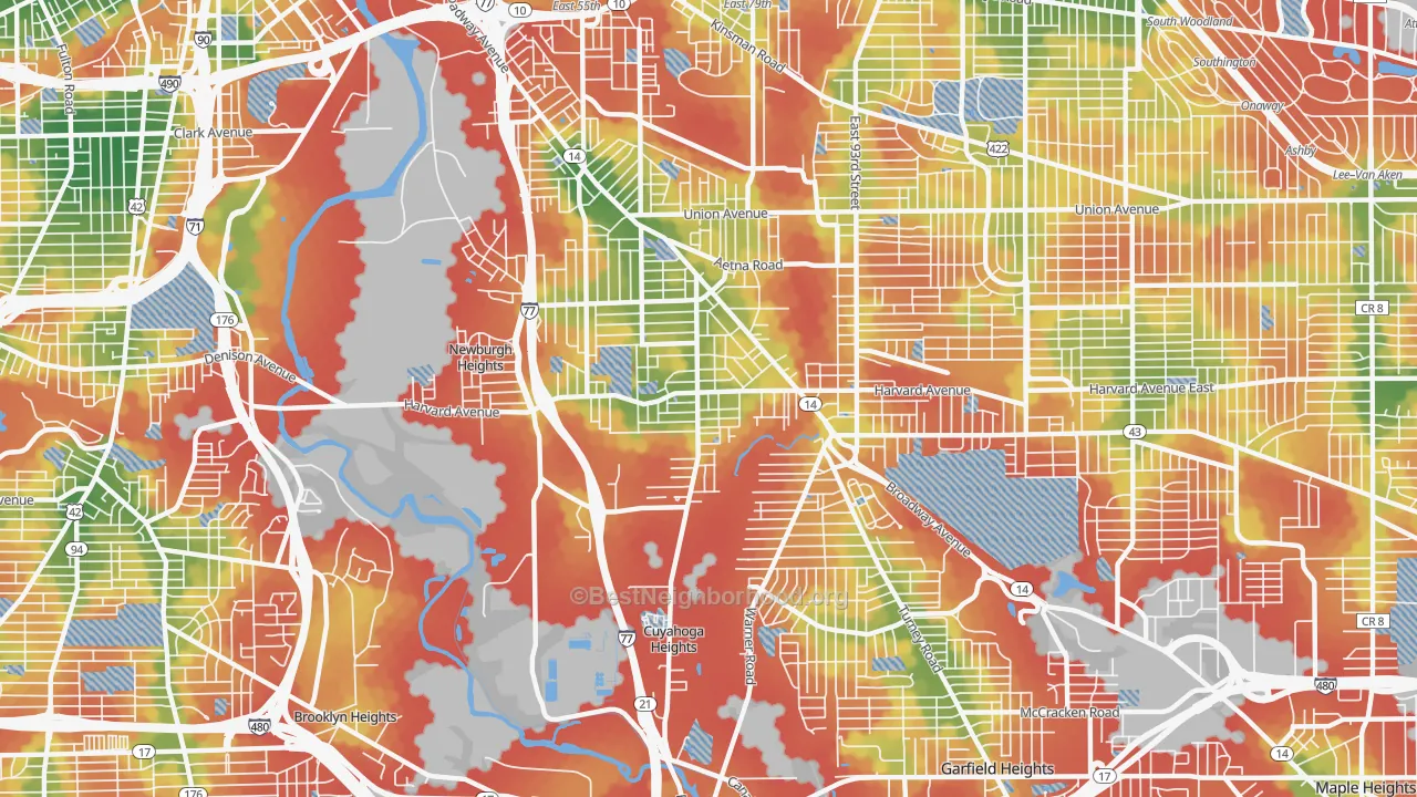 Walk Grade map of South Broadway, Cleveland, OH, walkable areas in green and car-dependent areas in red