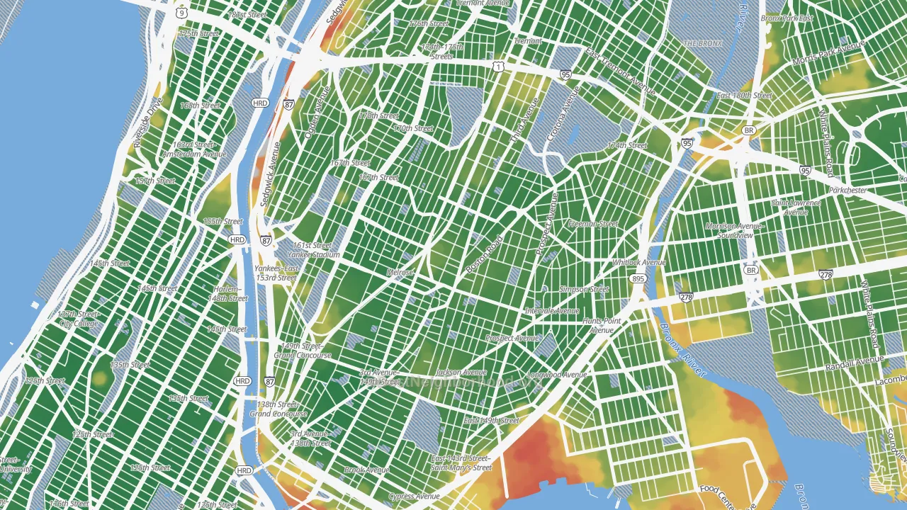 Walk Grade map of South Bronx, Bronx, NY, walkable areas in green and car-dependent areas in red