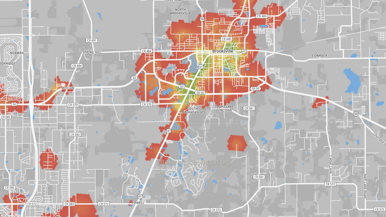 Walk Grade map of South Brooksville, FL, walkable areas in green and car-dependent areas in red