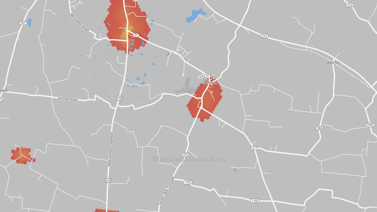Walk Grade map of South Buffalo, KY, walkable areas in green and car-dependent areas in red