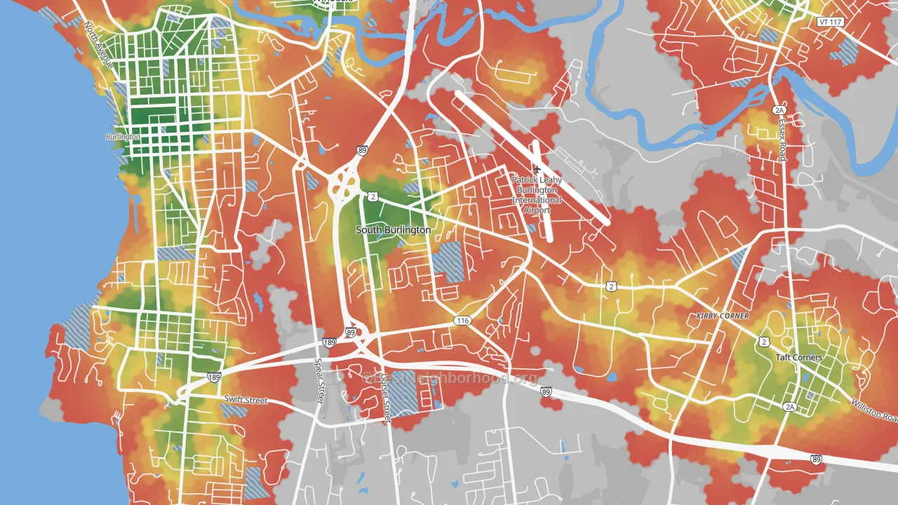 Walk Grade map of South Burlington North, South Burlington, VT, walkable areas in green and car-dependent areas in red