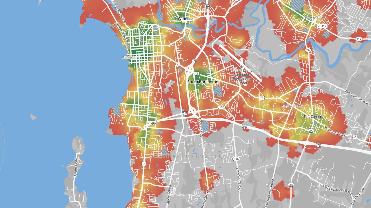 Walk Grade map of South Burlington, VT, walkable areas in green and car-dependent areas in red
