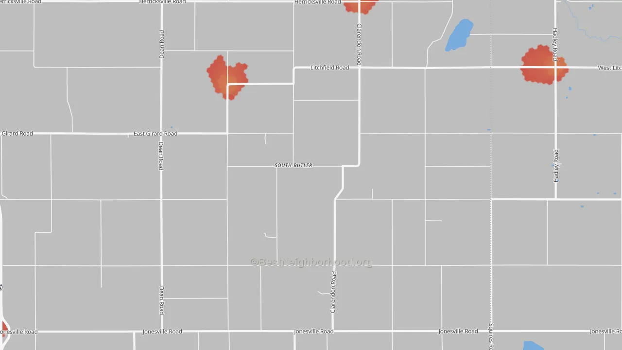 Walk Grade map of South Butler, MI, walkable areas in green and car-dependent areas in red