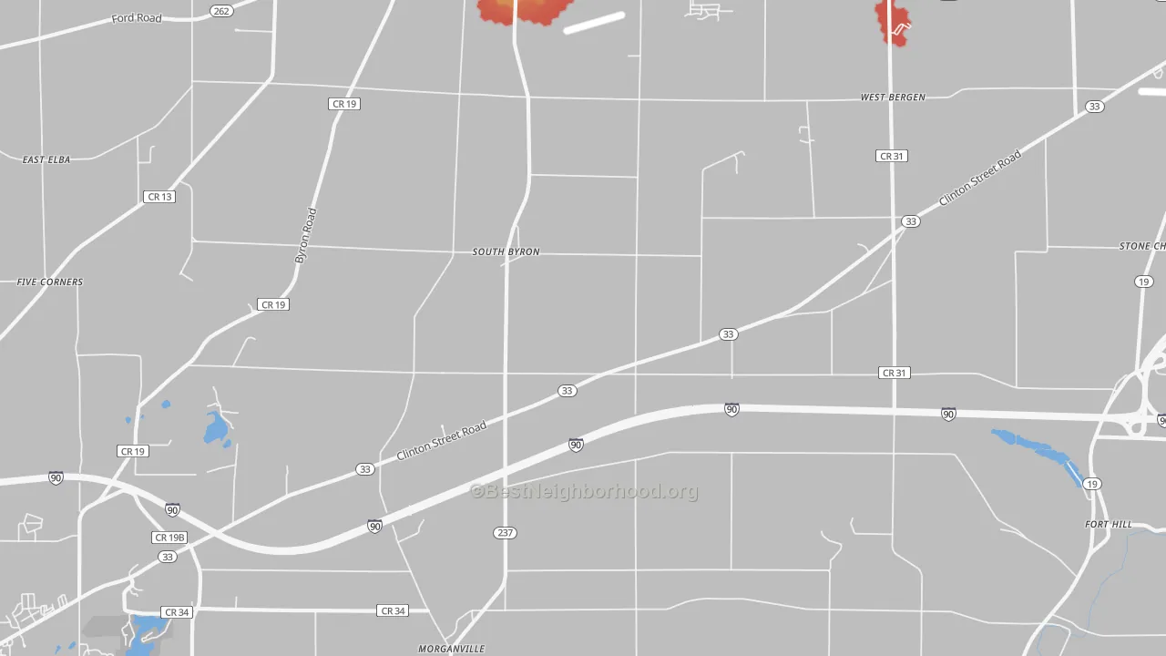 Walk Grade map of South Byron, NY, walkable areas in green and car-dependent areas in red