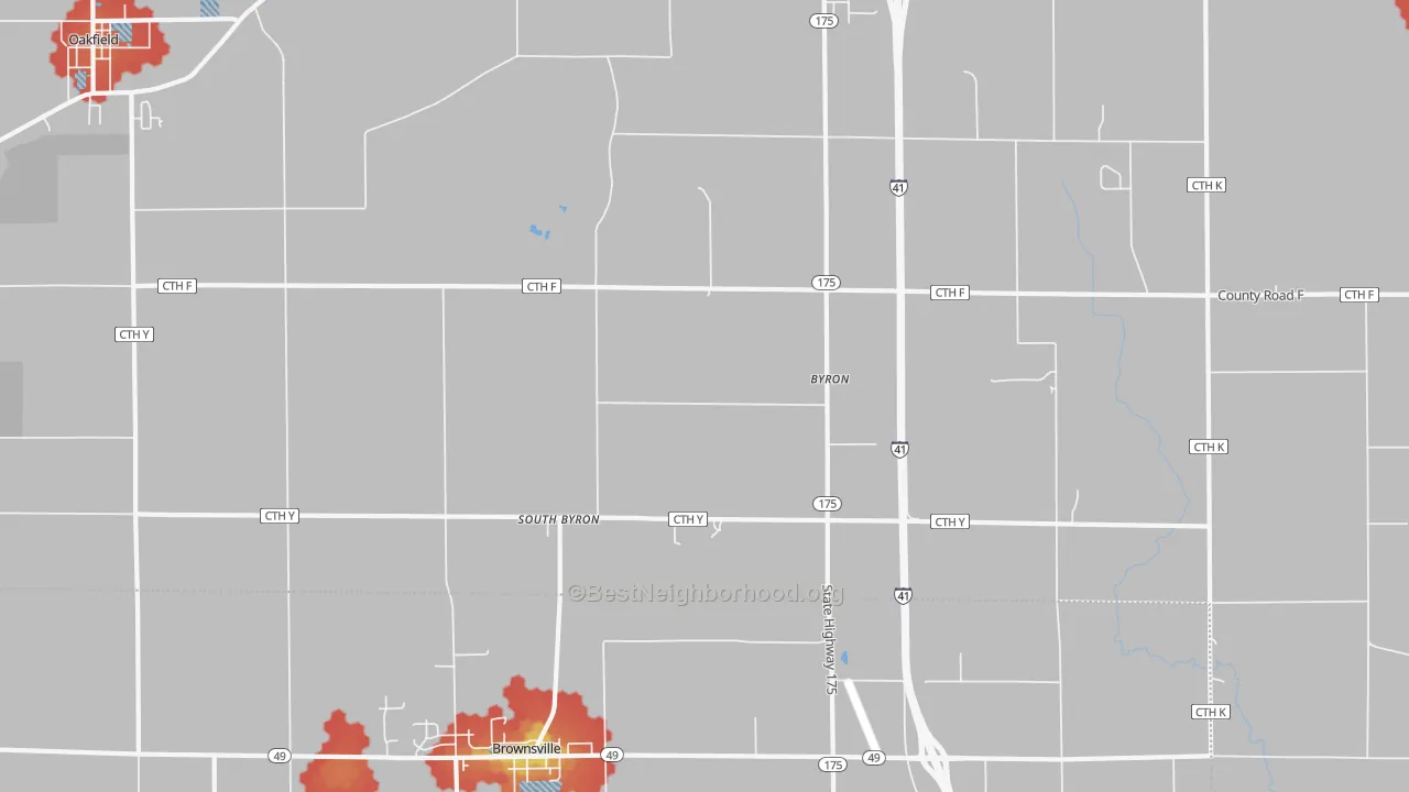 Walk Grade map of South Byron, WI, walkable areas in green and car-dependent areas in red