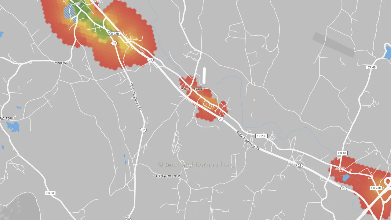 Walk Grade map of South Cairo, NY, walkable areas in green and car-dependent areas in red