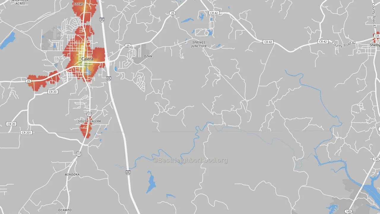Walk Grade map of South Calera, AL, walkable areas in green and car-dependent areas in red
