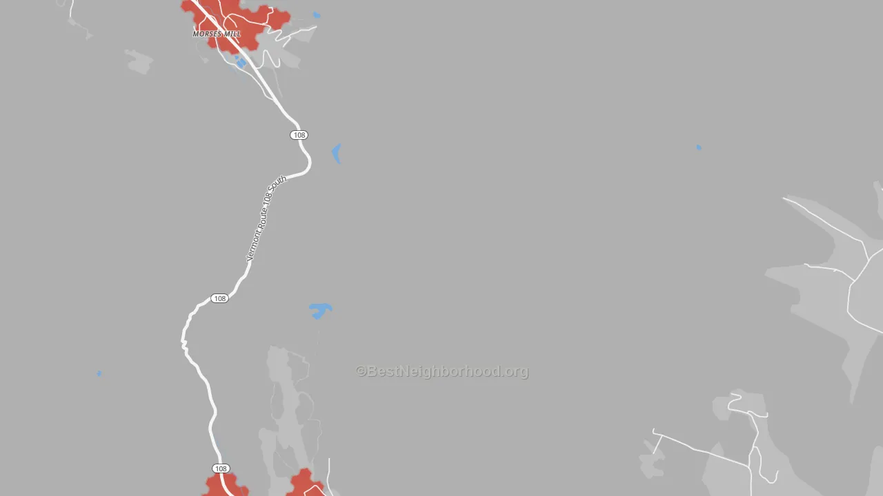 Walk Grade map of South Cambridge, VT, walkable areas in green and car-dependent areas in red