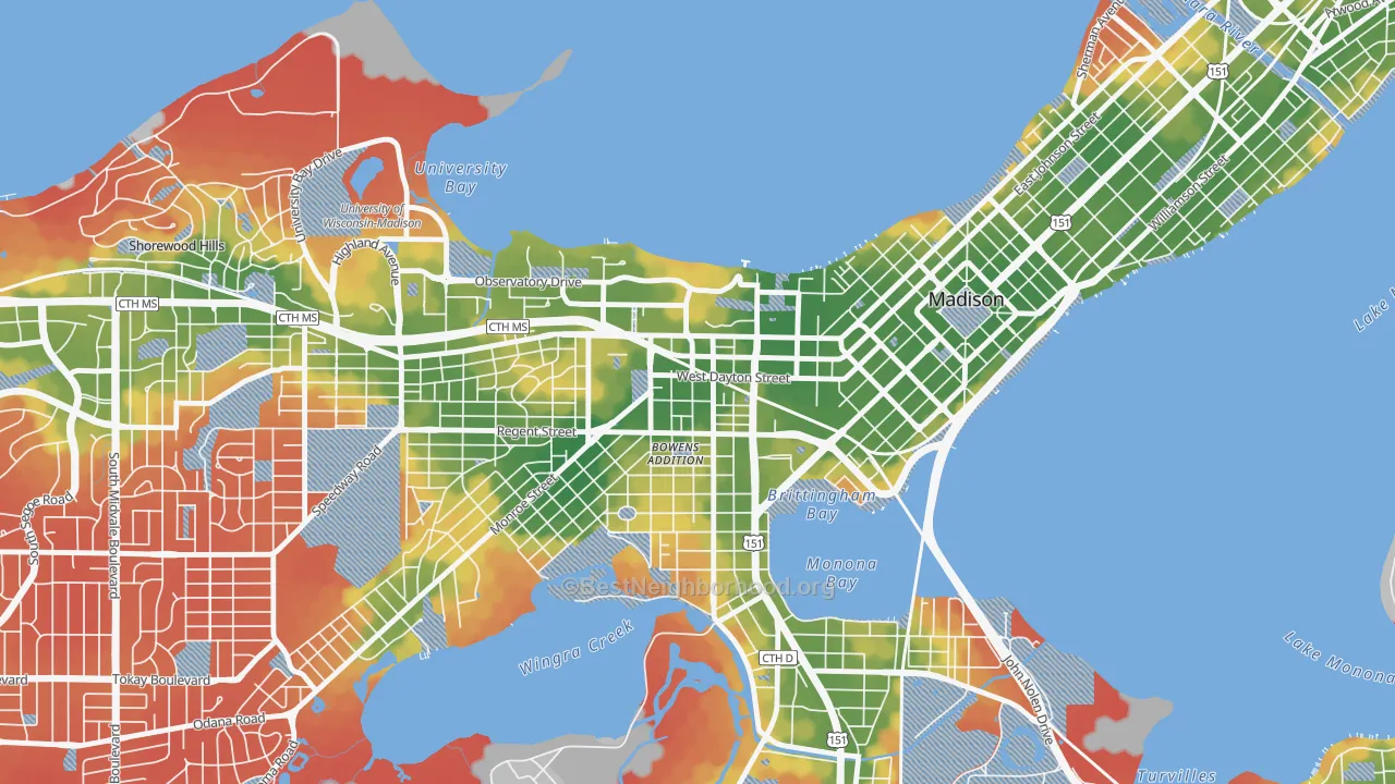 Walk Grade map of South Campus, Madison, WI, walkable areas in green and car-dependent areas in red