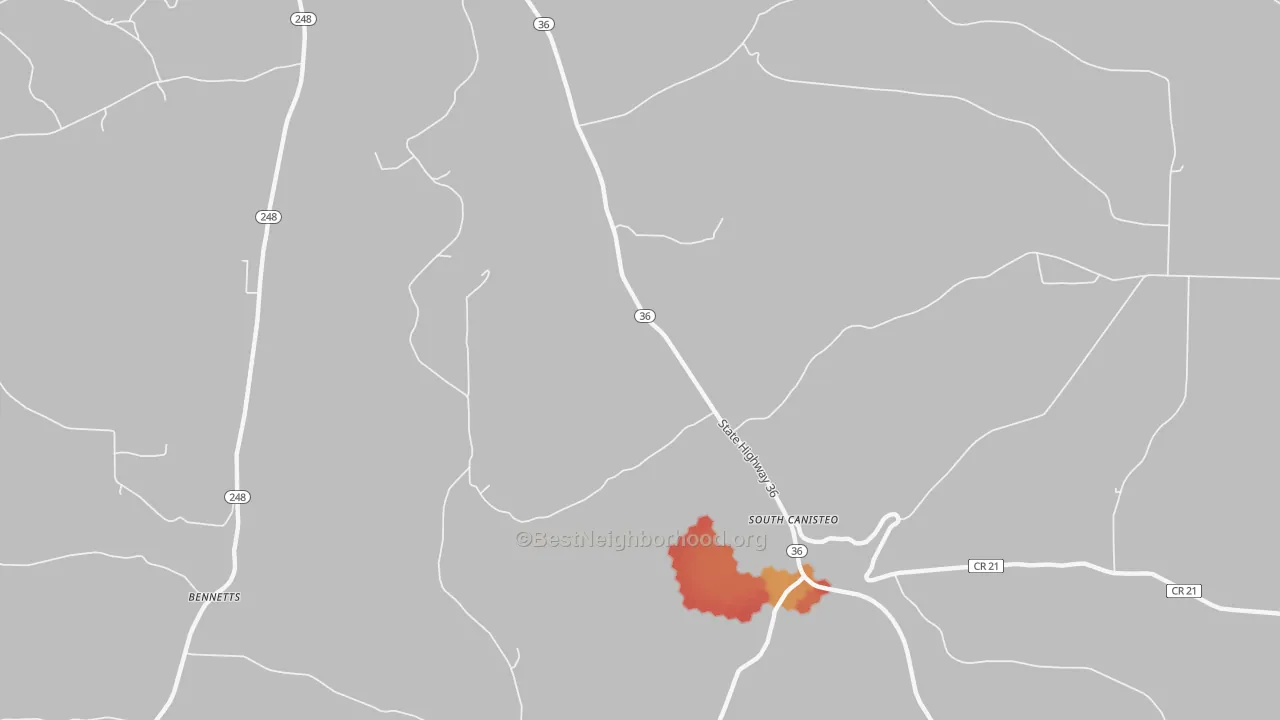 Walk Grade map of South Canisteo, NY, walkable areas in green and car-dependent areas in red