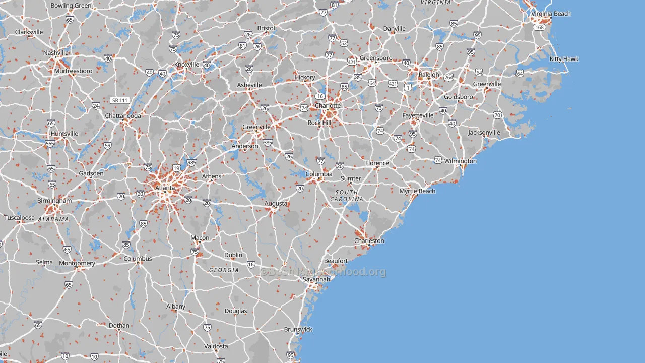 Walk Grade map of South Carolina, walkable areas in green and car-dependent areas in red