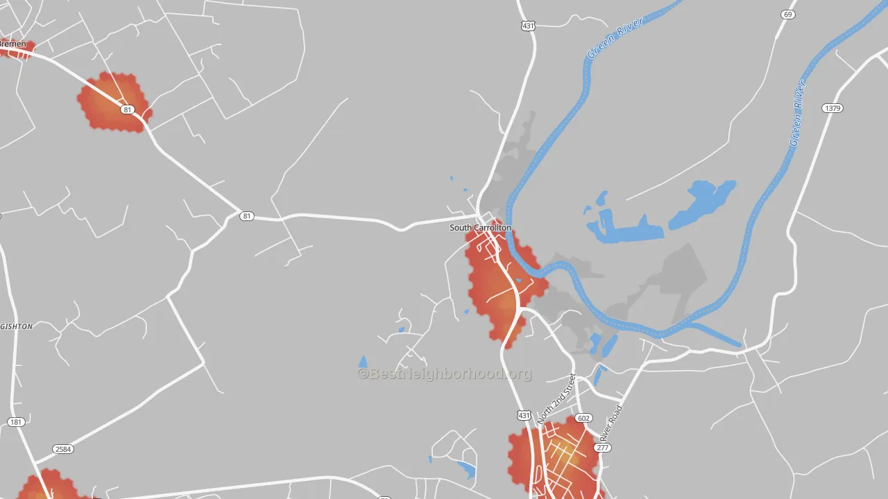 Walk Grade map of South Carrollton, KY, walkable areas in green and car-dependent areas in red