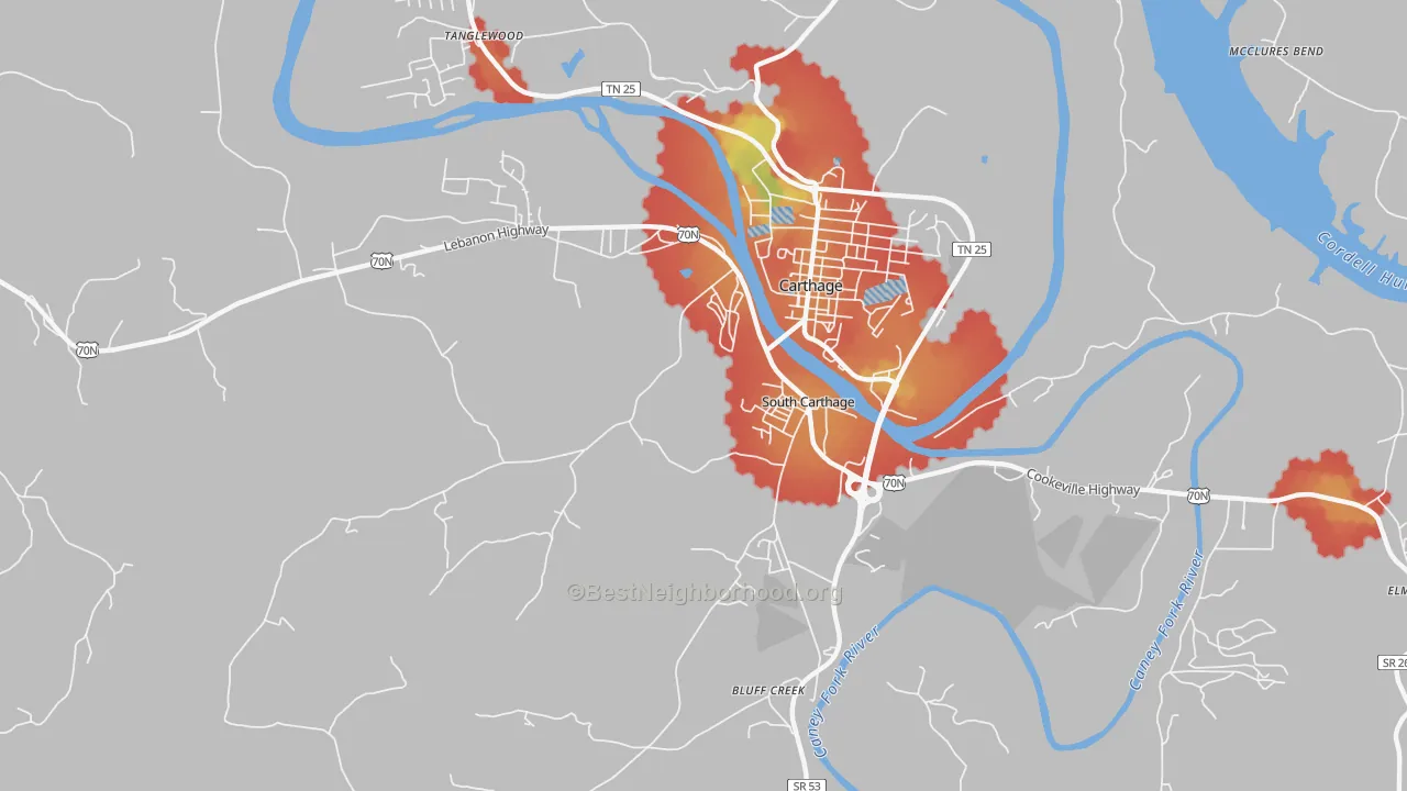 Walk Grade map of South Carthage, TN, walkable areas in green and car-dependent areas in red