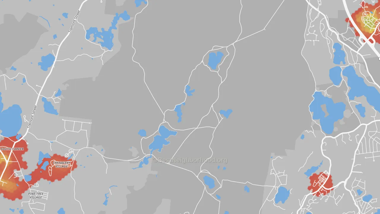Walk Grade map of South Carver, MA, walkable areas in green and car-dependent areas in red