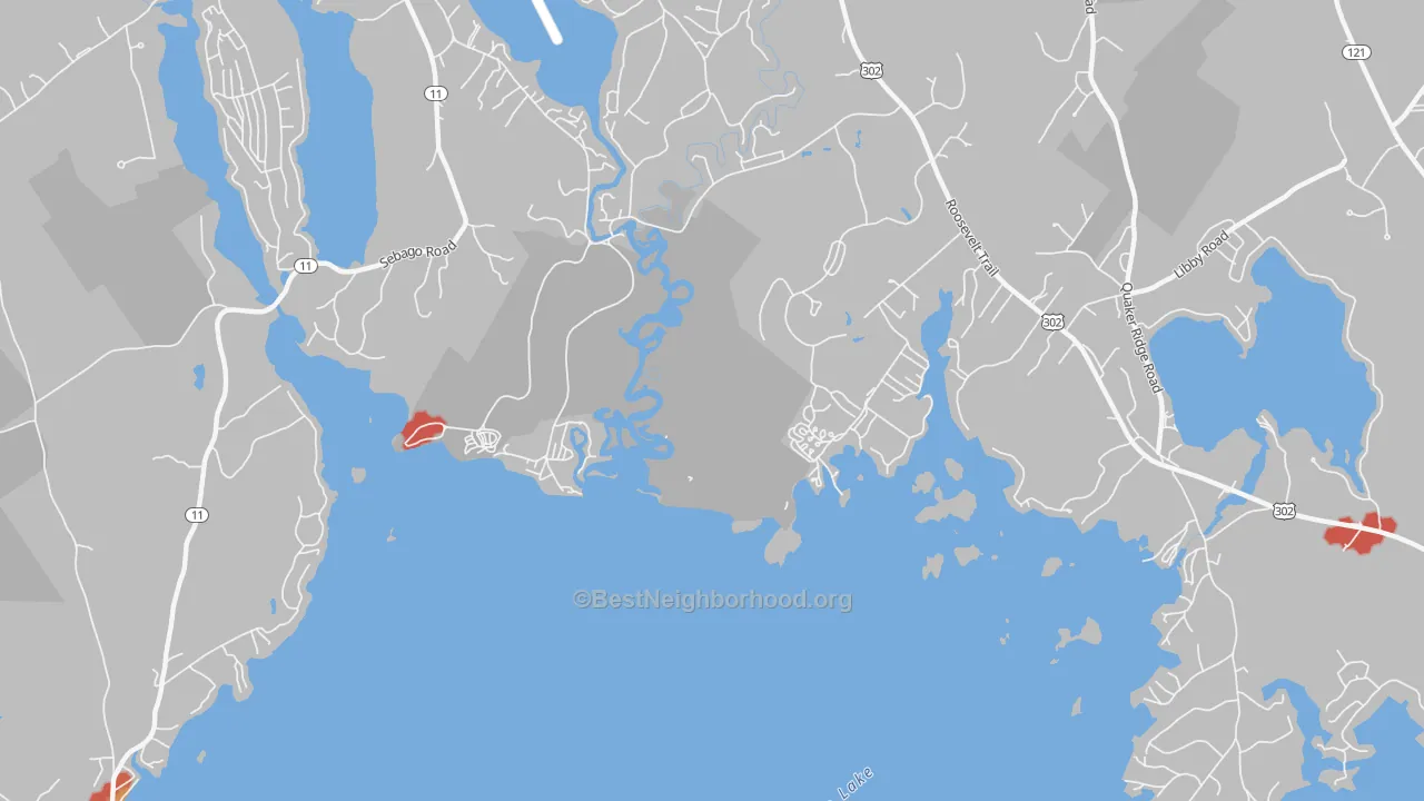 Walk Grade map of South Casco, ME, walkable areas in green and car-dependent areas in red