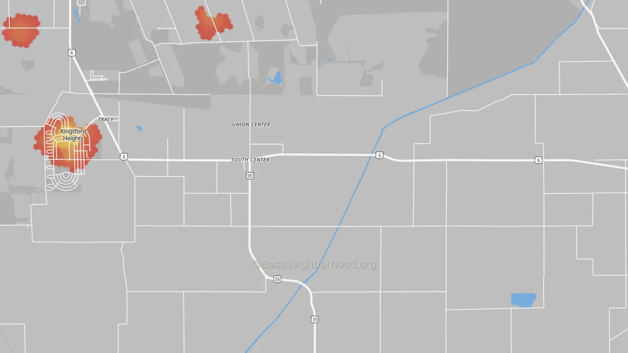 Walk Grade map of South Center, IN, walkable areas in green and car-dependent areas in red