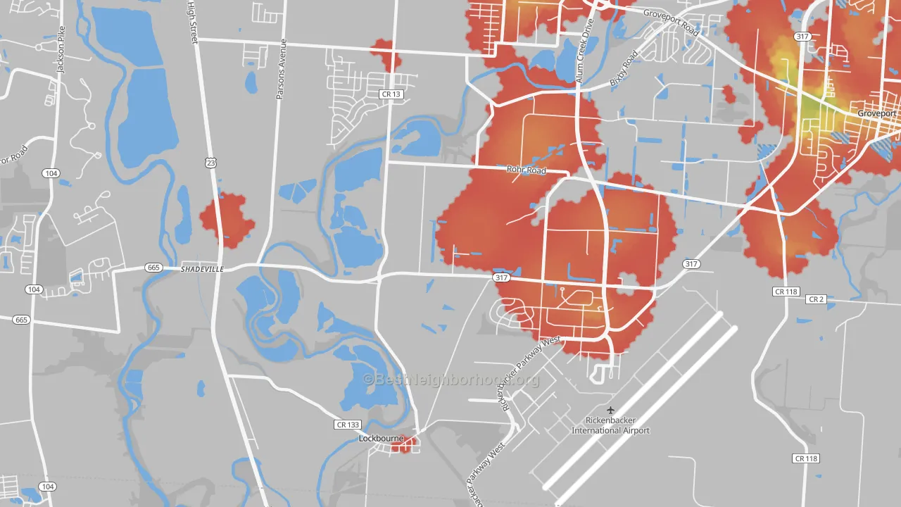 Walk Grade map of South Central Accord, Columbus, OH, walkable areas in green and car-dependent areas in red