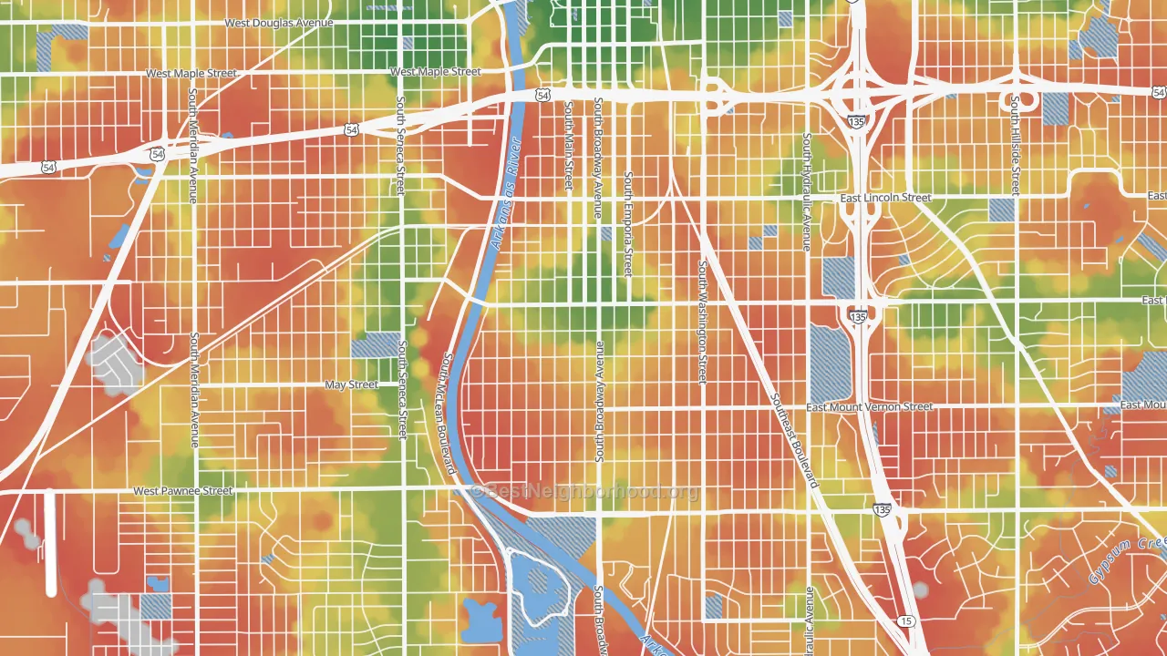 Walk Grade map of South Central Improvemen, Wichita, KS, walkable areas in green and car-dependent areas in red