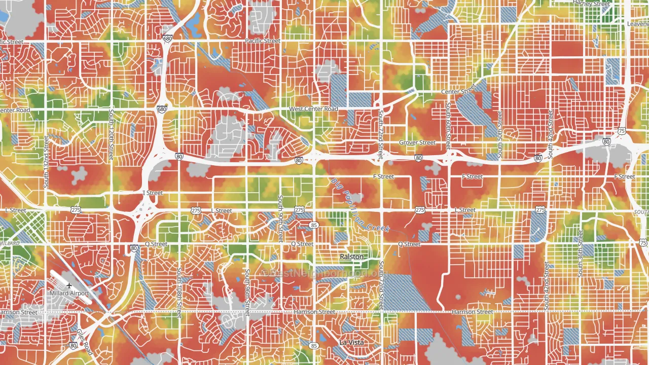 Walk Grade map of South Central Omaha, Omaha, NE, walkable areas in green and car-dependent areas in red