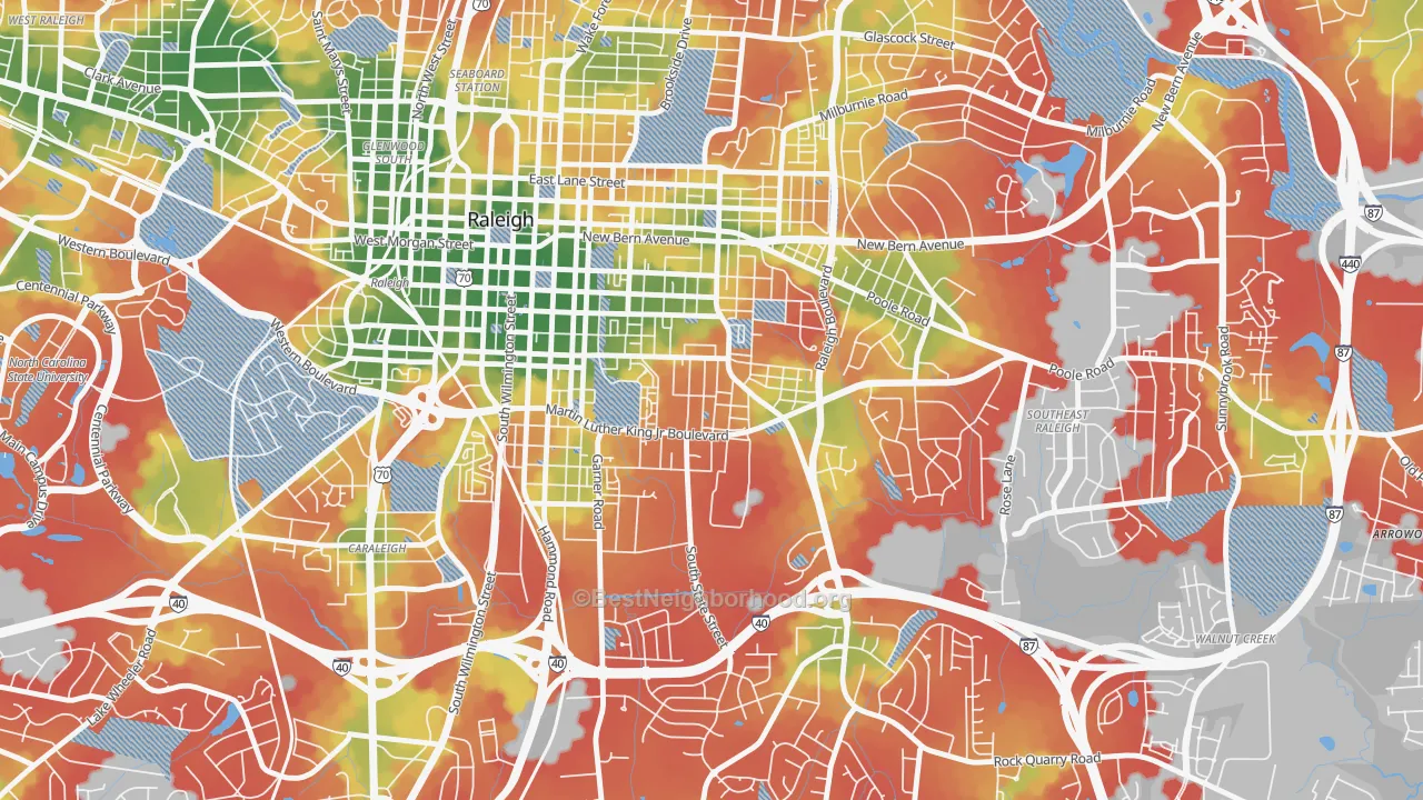 Walk Grade map of South Central, Raleigh, NC, walkable areas in green and car-dependent areas in red