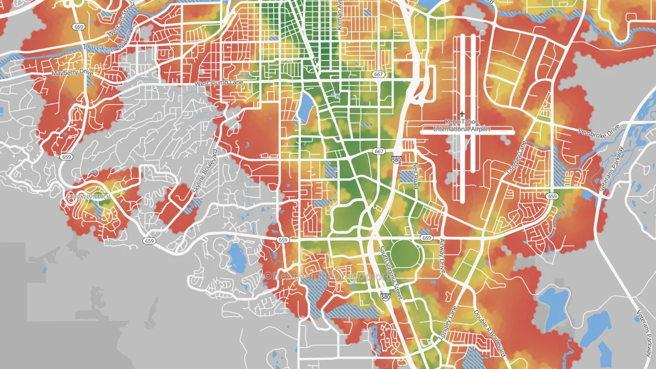 Walk Grade map of South Central, Reno, NV, walkable areas in green and car-dependent areas in red