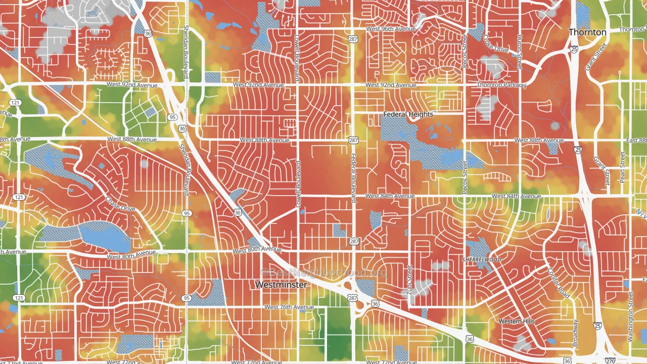 Walk Grade map of South Central Westminster, Westminster, CO, walkable areas in green and car-dependent areas in red