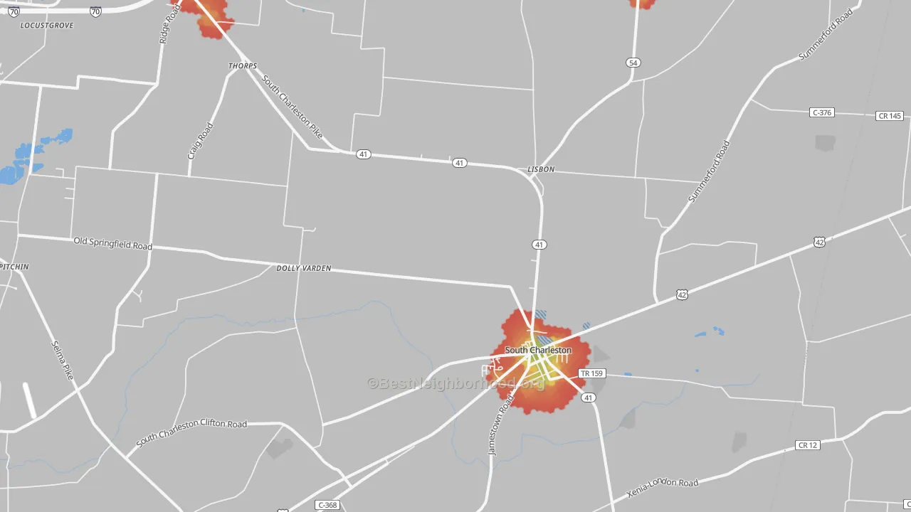 Walk Grade map of South Charleston, OH, walkable areas in green and car-dependent areas in red