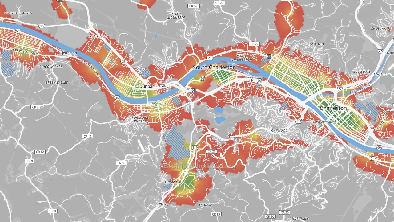 Walk Grade map of South Charleston, WV, walkable areas in green and car-dependent areas in red