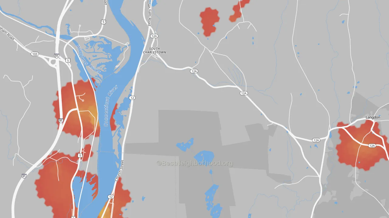 Walk Grade map of South Charlestown, NH, walkable areas in green and car-dependent areas in red
