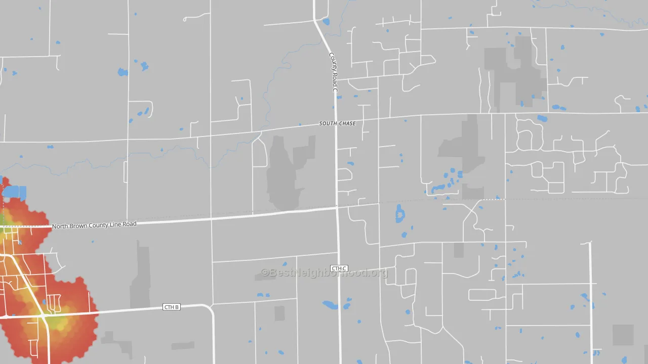 Walk Grade map of South Chase, WI, walkable areas in green and car-dependent areas in red