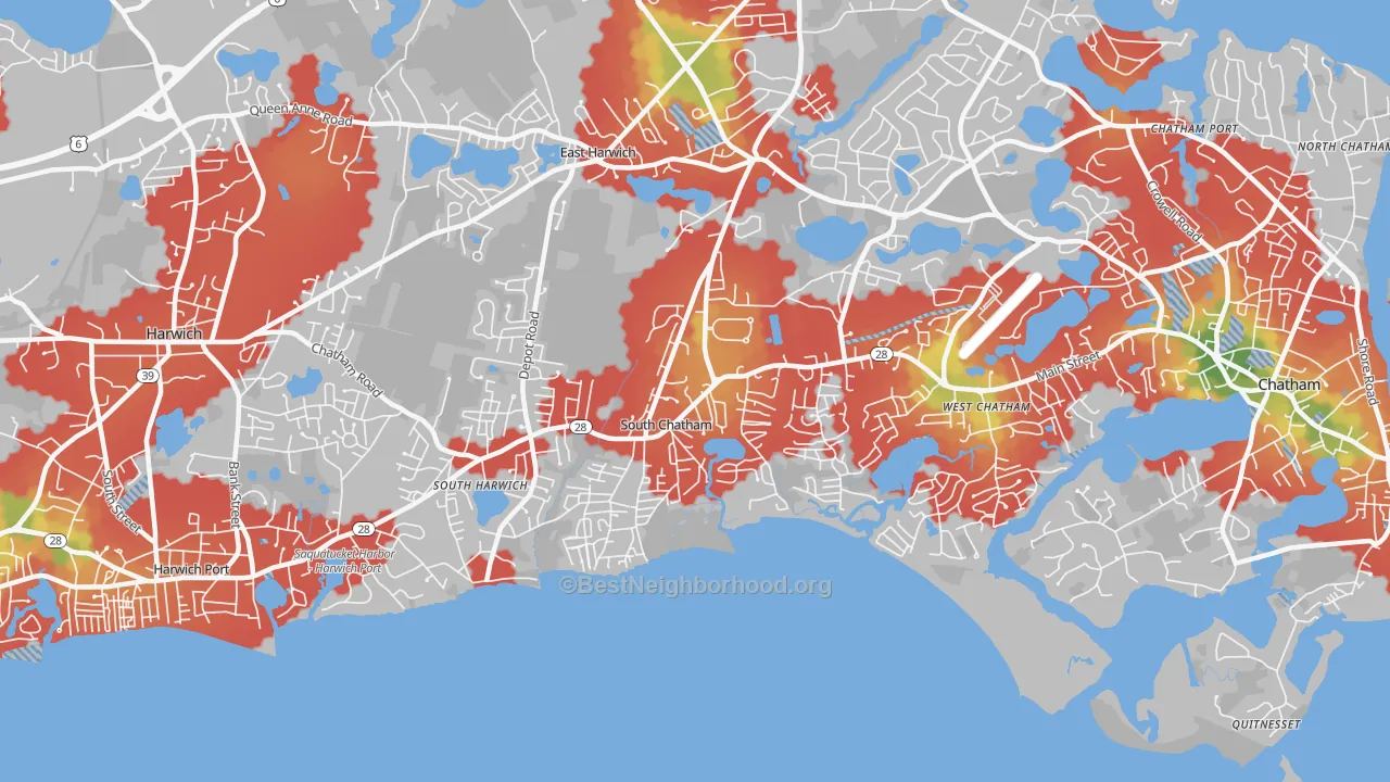 Walk Grade map of South Chatham, MA, walkable areas in green and car-dependent areas in red