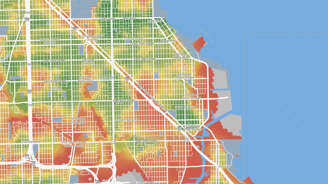 Walk Grade map of South Chicago, Chicago, IL, walkable areas in green and car-dependent areas in red
