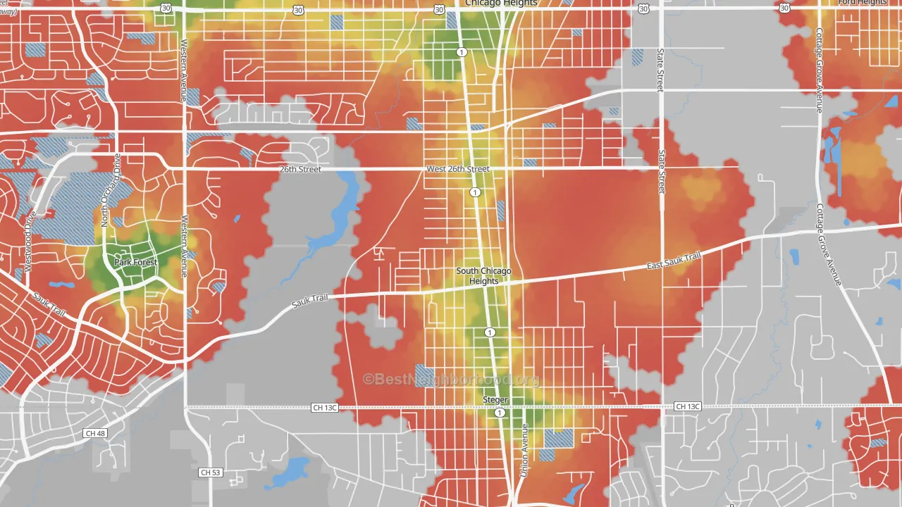 Walk Grade map of South Chicago Heights, IL, walkable areas in green and car-dependent areas in red
