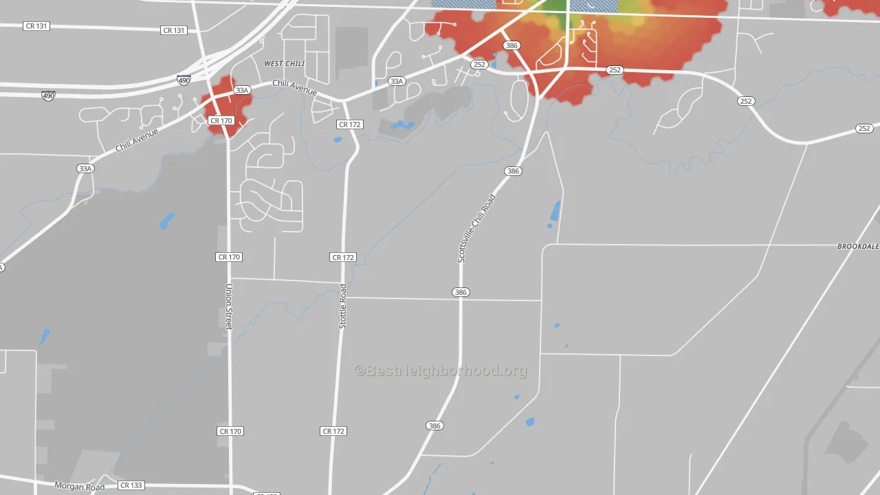 Walk Grade map of South Chili, NY, walkable areas in green and car-dependent areas in red