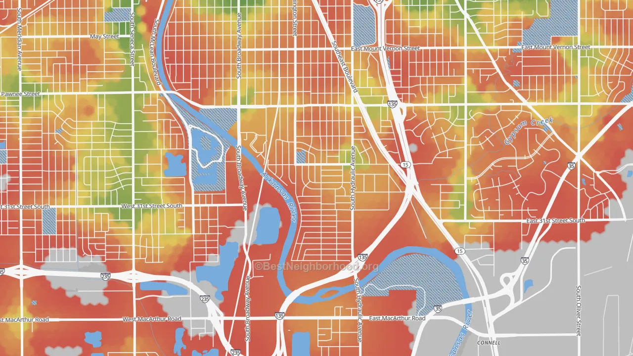 Walk Grade map of South City Community, Wichita, KS, walkable areas in green and car-dependent areas in red