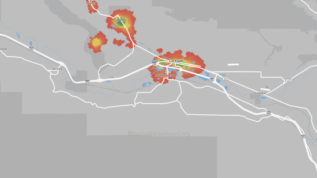 Walk Grade map of South Cle Elum, WA, walkable areas in green and car-dependent areas in red