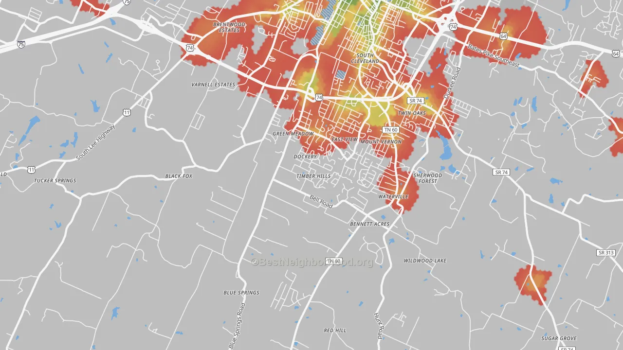 Walk Grade map of South Cleveland, TN, walkable areas in green and car-dependent areas in red