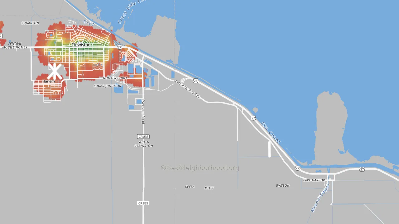 Walk Grade map of South Clewiston, FL, walkable areas in green and car-dependent areas in red