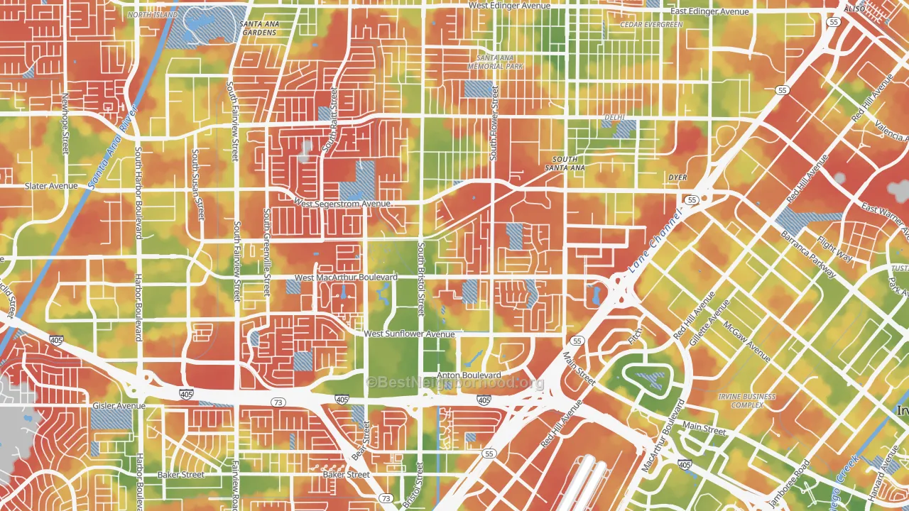 Walk Grade map of South Coast, Santa Ana, CA, walkable areas in green and car-dependent areas in red