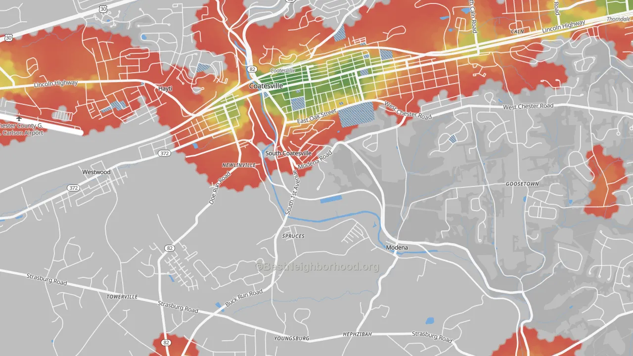 Walk Grade map of South Coatesville, PA, walkable areas in green and car-dependent areas in red