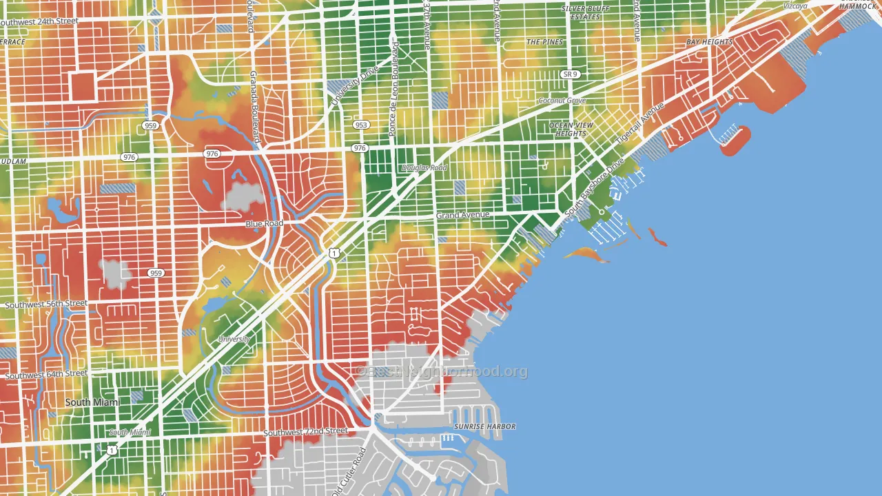 Walk Grade map of South Coconut Grove, Miami, FL, walkable areas in green and car-dependent areas in red
