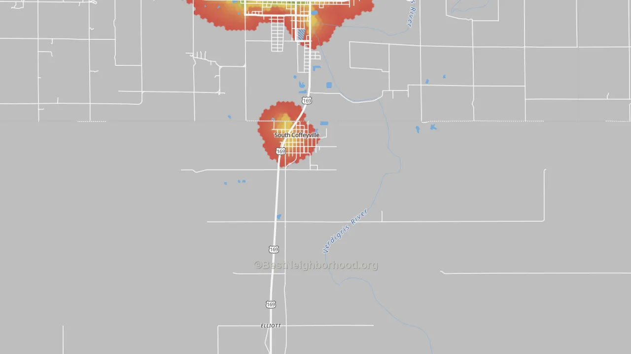 Walk Grade map of South Coffeyville, OK, walkable areas in green and car-dependent areas in red