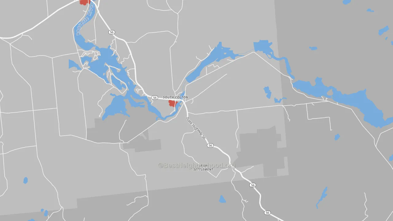 Walk Grade map of South Colton, NY, walkable areas in green and car-dependent areas in red